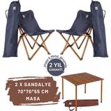 Bag The Joy Ahşap Katlanır Masa Sandalye Seti Kahverengi - Lacivert Kılıf 70X70X55 Kahverengi Masa