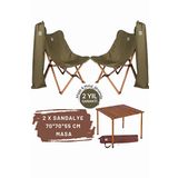 Bag The Joy Kahverengi İskelet Haki Kılıf ve 70x70x55 CM Kahverengi Masa Ahşap Katlanır Masa Sandalye Seti