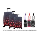 Bagacar Kalp 3lü Set Valiz Kılıfı, 3 lü Valiz Kemeri, 3lü Valiz Etiketi (Bordo - Kırmızı)