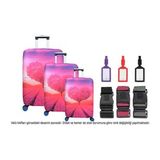 Bagacar Kalp 3lü Set Valiz Kılıfı, 3 lü Valiz Kemeri, 3lü Valiz Etiketi (Pembe - Beyaz - Krem)