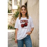 BAGAND Kadın Cherries Kiraz Baskılı Beyaz Tişört Vintage Retro Meyve Pamuklu T-Shirt