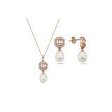Baget Sekizgen Doğal İncili Sallantı Küpe Kolye İkili Set (Rose)