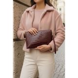 Bagfoni Bordo Kroko Desenli El Askılı Portföy Clutch Çanta 25x19 Cm