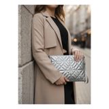 Bagfoni Grafina Gümüş Parlak Geometrik Desenli Portföy Clutch El Çantası 25x19 Cm