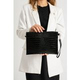Bagfoni Siyah Kroko Desenli El Askılı Portföy Clutch Çanta 25x19 Cm