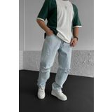 Baggy Buz Mavisi Diz Yırtık Modelli Kot Pantolon