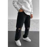 Baggy Diz Yırtık Model Siyah Taşlamalı Bol Kalıp Kot Pantolon