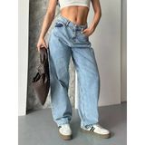 Baggy Kar Yıkama Orta Mavi Jeans Pantolon D2007