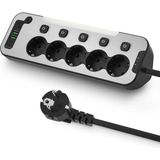 Bağımsız Anahtarlı 5'li Işıklı Akım Korumalı Çoklu Priz 4000W, 2x USB - 2x Type-C Giriş, Metal Ön Panel Uzatma Kablosu Köşe Beşli Priz, Topraklı, 2 Metre Kablo