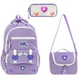 Baginn Ilkokul Kız Çocuk Çantası 3'lü Set Kalpli Desen 40*30 cm Beslenme Çantası Kalem Kutusu Ortopedik - Lila