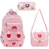 Baginn Ilkokul Kız Çocuk Çantası 3'lü Set Kalpli Desen 40*30 cm Beslenme Çantası Kalem Kutusu Ortopedik - Pembe
