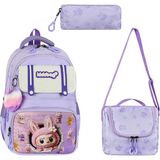 Baginn Ilkokul Kız Çocuk Çantası 3'lü Set Labubu Benzeri 40*30 cm Beslenme Çantası Kalem Kutusu Ortopedik - Lila