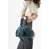 Baginn Yıkama S.deri Kadın Omuz Çantası Vegan Deri Çok Cepli Çapraz Askılı Suni Deri Kol Çantası 32*25 cm - 32 x 25 cm - Mavi