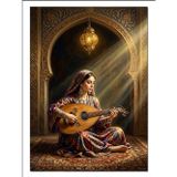 Bağlama Çalan Kadın Cami Kapısı Dekoratif Kanvas - Mdf Ahşap Tablo
