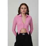 Bağlama Detaylı Crop Bluz Pembe