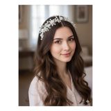 BagsMadame Çiçekli, Gümüş Detaylı İncili Gelin Tacı, Saç Aksesuarı Ve Tokası (Nişan, Nikah, Düğün, Tesettür)