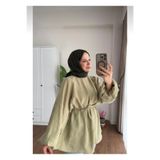 Bahar Altundemir Kadın Balon Kol Belden Bağlamalı Tesettür HAKİ TUNİK GÖMLEK rz01