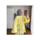 Bahar Altundemir Kadın Balon Kol Belden Bağlamalı Tesettür SARI TUNİK GÖMLEK rz01