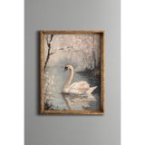 Bahar Çiçekleri Arasında Kuğu - Vintage Desenli Çerçeve - İnce Model, Altın1, 21 x 30