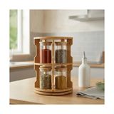 Baharatlık Takımı; Doğal Bambu 360° Döner Standlı 10'lu Cam, Büyük Boy (250 Ml) Ahşap Kapaklı Baharat Takımı