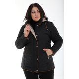 Baharlık Ekoseli, Kapitone Mont, Kapüşonlu Mont, Büyük Beden, Su Itici, Biyeli, Vizon - Siyah - 56