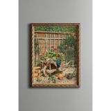 Bahçe Arabasında Çiçekler - Vintage Desenli Çerçeve - İnce Model, Altın2, 21 x 30