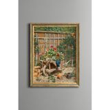 Bahçe Arabasında Çiçekler - Vintage Desenli Çerçeve - İnce Model, Altın4, 21 x 30