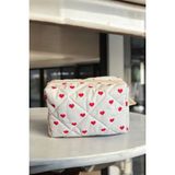 Bahels Kalp Desen Makyaj Çantası Beyaz Pamuklu Dikdörtgen Tasarım 18 x 13 x 9 cm - Kırmızı
