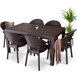 Bahex Rattan Masa Takımı 80x140 Camsız Masa 6 Kişilik Bambu Sandalye Seti Bahçe Balkon Teras Takımı - Kahverengi