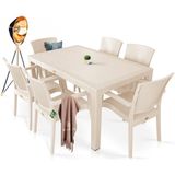 Bahex Rattan Masa Takımı 90 x 150 Camsız Masa 6 Kişilik Sandalye Seti Bahçe Balkon Teras Takımı Krem