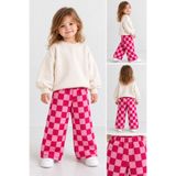 BAHNUR Gabardin Kumaş Unisex Çocuk Fuşya Pembe Damalı Salaş Balon Kesim Beli Lastikli Pantolon