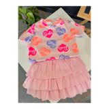 BAHNUR Kız Çocuk BEBEK BASKILI Kalp Desenli T-Shirt ve Kat Kat Fırfırlı Pembe Etek Takımı YAZLIK iKiLi KOMBiN