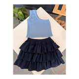 BAHNUR Kız Çocuk BEBEK BEBE MAViSi Tek Omuz Crop Bluz ve LACiVERT Rengi Kat Kat Fırfırlı Yazlık Etek İkili Takımı