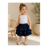BAHNUR Kız Çocuk ve Bebek Lacivert Beyaz Kombin Set Fitilli Kaşkorse Askılı Crop Bluz Üst ve Beli Lastikli Kat Kat Katlı Büzgülü Dokulu Etek Takımı