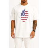 Bahriyeli Collection Oversize Amerika Birleşik Devletleri Parmak Izi Bayrak Göğüs Tasarımlı Unisex T-Shirt - Beyaz