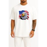 Bahriyeli Collection Oversize Amerika Kartalı ve Amerika Bayrağı Göğüs Tasarımlı Unisex T-Shirt - Beyaz
