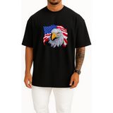 Bahriyeli Collection Oversize Amerika Kartalı ve Amerika Bayrağı Göğüs Tasarımlı Unisex T-Shirt - Siyah