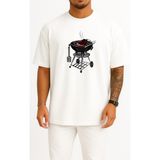 Bahriyeli Collection Oversize Ayaklı Barbekü - Izgara - Mangal Göğüs Tasarımlı Unisex T-Shirt - Beyaz - XL