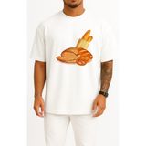 Bahriyeli Collection Oversize Baget Kruvasan Ekmek Simit Ekmek Hamur Işi Göğüs Tasarımlı Unisex T-Shirt - Beyaz - XL