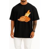 Bahriyeli Collection Oversize Baget Kruvasan Ekmek Simit Ekmek Hamur Işi Göğüs Tasarımlı Unisex T-Shirt - Siyah - XL