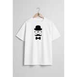 Bahriyeli Collection Oversize Bıyık Silindir Şapka Gözlük Papyon Göğüs Tasarımlı Unisex T-Shirt - Beyaz