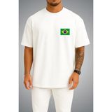 Bahriyeli Collection Oversize Brezilya Bayrağı Cep Baskılı Unisex T-Shirt - Beyaz