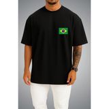 Bahriyeli Collection Oversize Brezilya Bayrağı Cep Baskılı Unisex T-Shirt - Siyah - XL