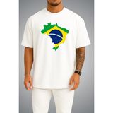 Bahriyeli Collection Oversize Brezilya Bayrağı ve Haritası Göğüs Baskılı Unisex T-Shirt - Beyaz - M