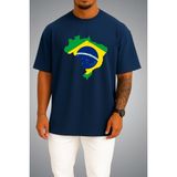 Bahriyeli Collection Oversize Brezilya Bayrağı ve Haritası Göğüs Baskılı Unisex T-Shirt - Lacivert - XL