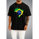 Bahriyeli Collection Oversize Brezilya Bayrağı ve Haritası Göğüs Baskılı Unisex T-Shirt - Siyah