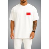 Bahriyeli Collection Oversize Çin Bayrağı Cep Baskılı Unisex T-Shirt - Beyaz - XL