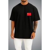 Bahriyeli Collection Oversize Çin Bayrağı Cep Baskılı Unisex T-Shirt - Siyah