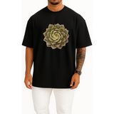 Bahriyeli Collection Oversize Echeveria Etli Bitki Cactaceae Houseleek Göğüs Tasarımlı Unisex T-Shirt - Siyah