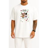 Bahriyeli Collection Oversize Feliz Navidad Yeni Yıl Yılbaşı Geyik Kardanadam Göğüs Tasarımlı Unisex T-Shirt - Beyaz